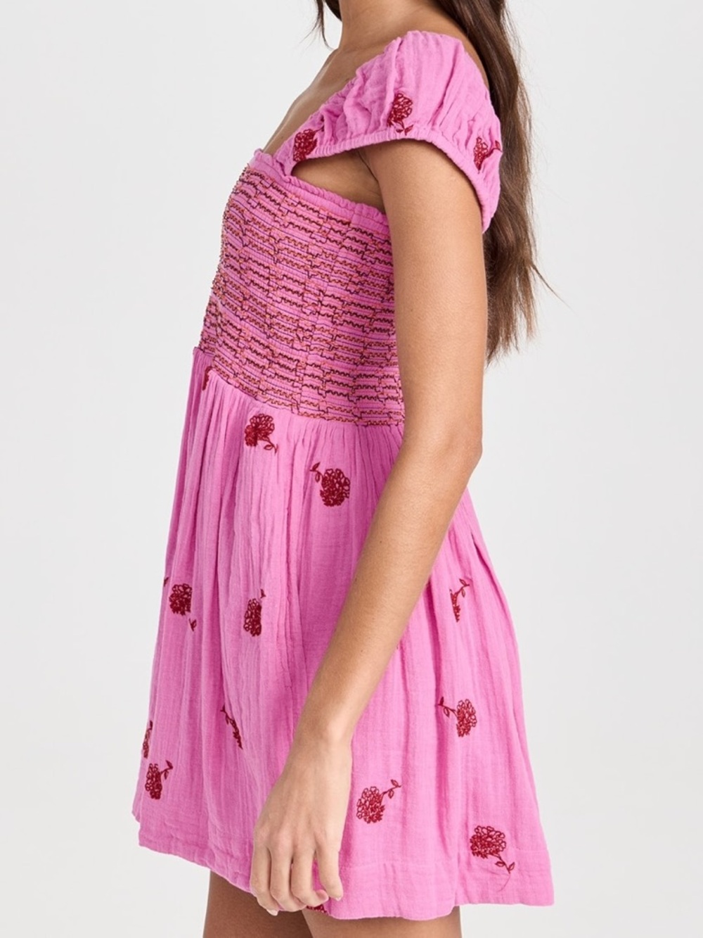 NWT Free People Tory Embroidered Mini Dress Pink Smocked Floral Boho Size Large - Picture 9 of 16